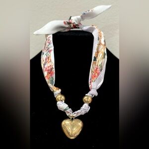 Floral Scarf Necklace with Gold Heart Pendant